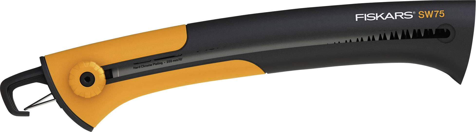 Ein ergonomischer Griff einer Astsäge von Fiskars, Modell SW75, in Orange und Schwarz, zeigt die Markierung 'Softgrip'.