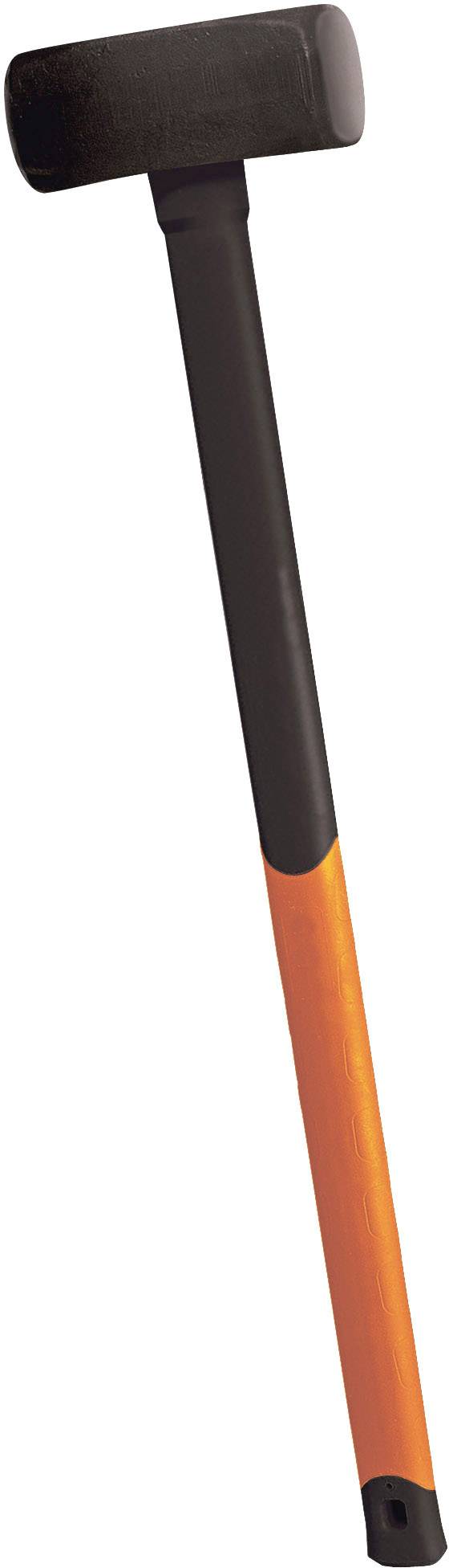 Ein Vorschlaghammer mit schwarzem Kopf und orange-schwarzem Griff, der aufrecht steht.