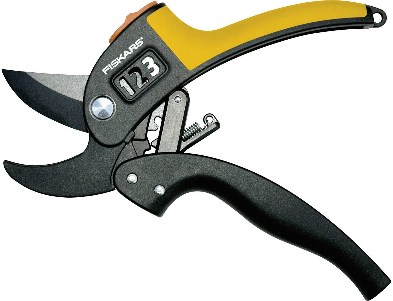 Gartenschere mit ergonomischem Griff, schwarz-gelb, Marke 'Fiskars', Modellnummer '123'. Geeignet für präzises Schneiden von Ästen.