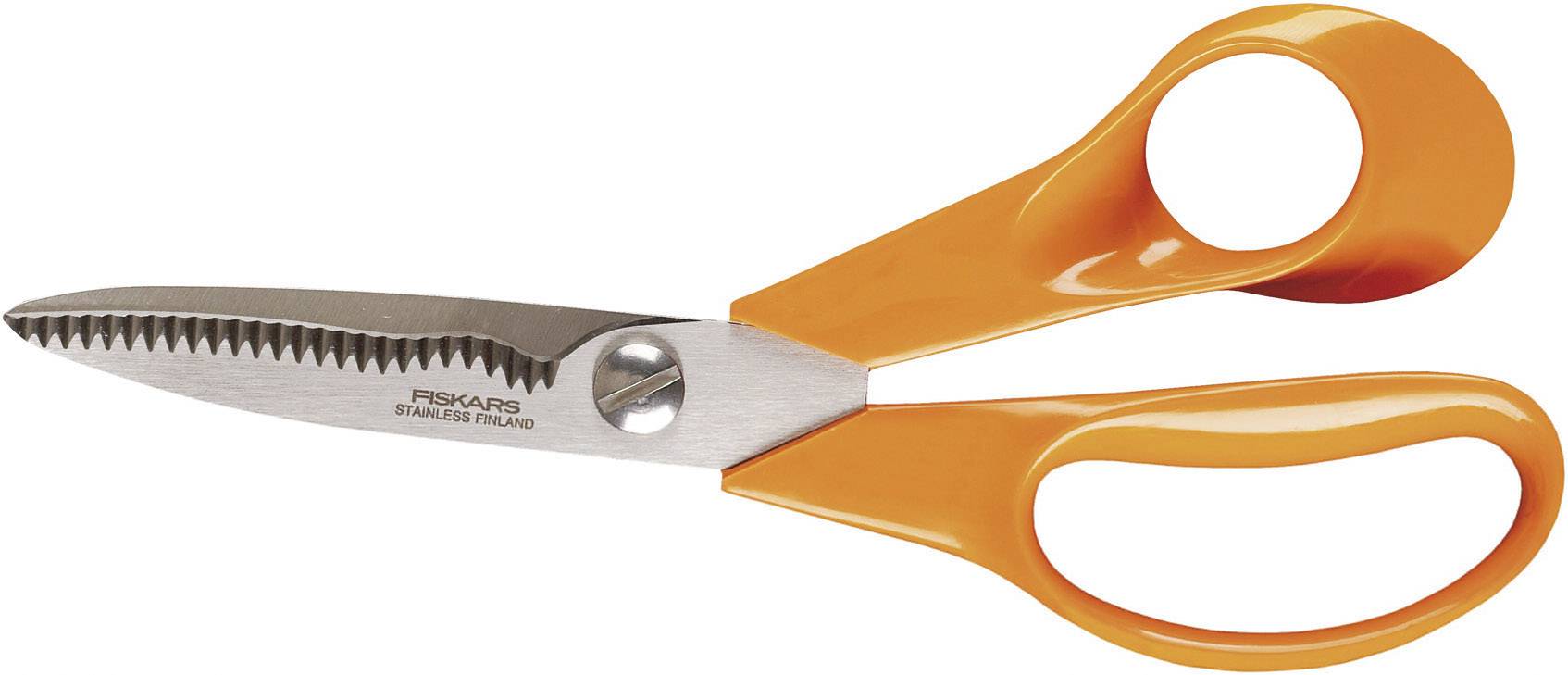 Eine orange Küchenschere mit gezackten Edelstahlklingen für einfaches Schneiden.