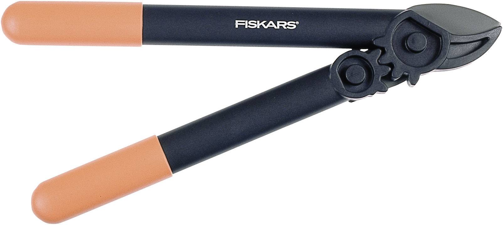 Gartenschere mit orangenen Griffen und schwarzer Klinge, Marke Fiskars.
