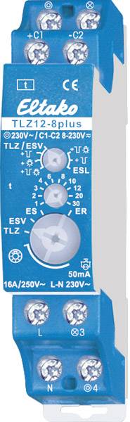 Elektronisches Zeitrelais, blau, TLZ12-8plus Modell. Zeigt Anschlussklemmen, Drehregler für Zeitintervall, LEDs zum Status.
