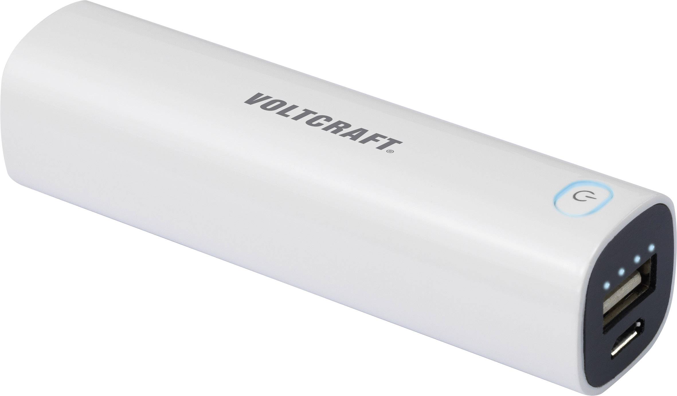 Tragbares, weißes Powerbank-Ladegerät von Voltcraft mit USB-Anschluss und LED-Anzeige auf der Oberseite zur Akkukapazität.