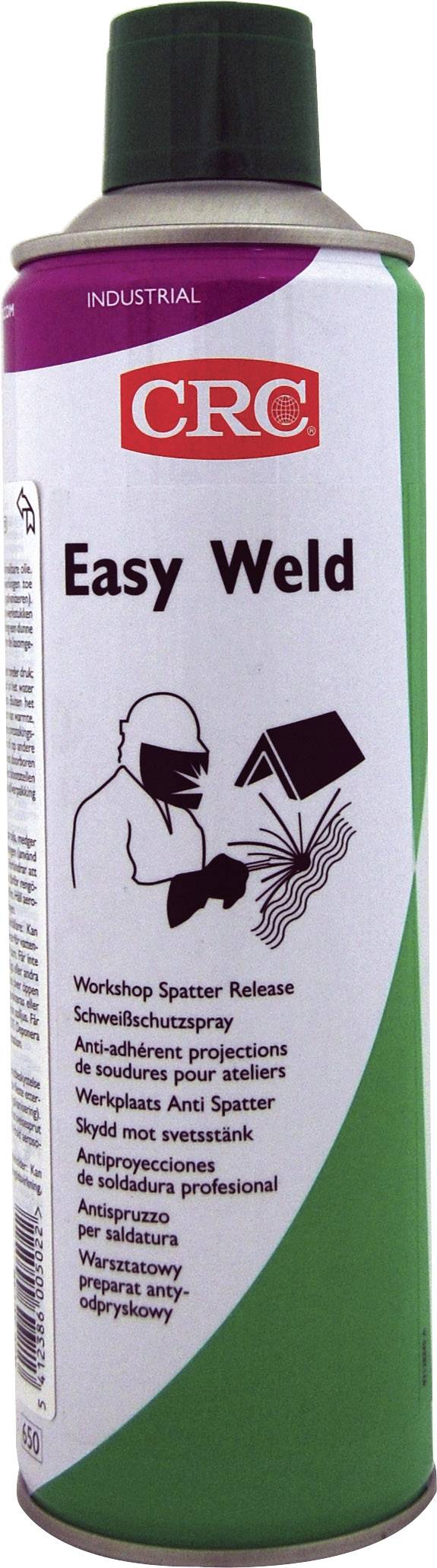 Spraydose CRC Easy Weld, verwendet in Werkstätten als Schweißschutzmittel. Enthält Warnhinweise in mehreren Sprachen.