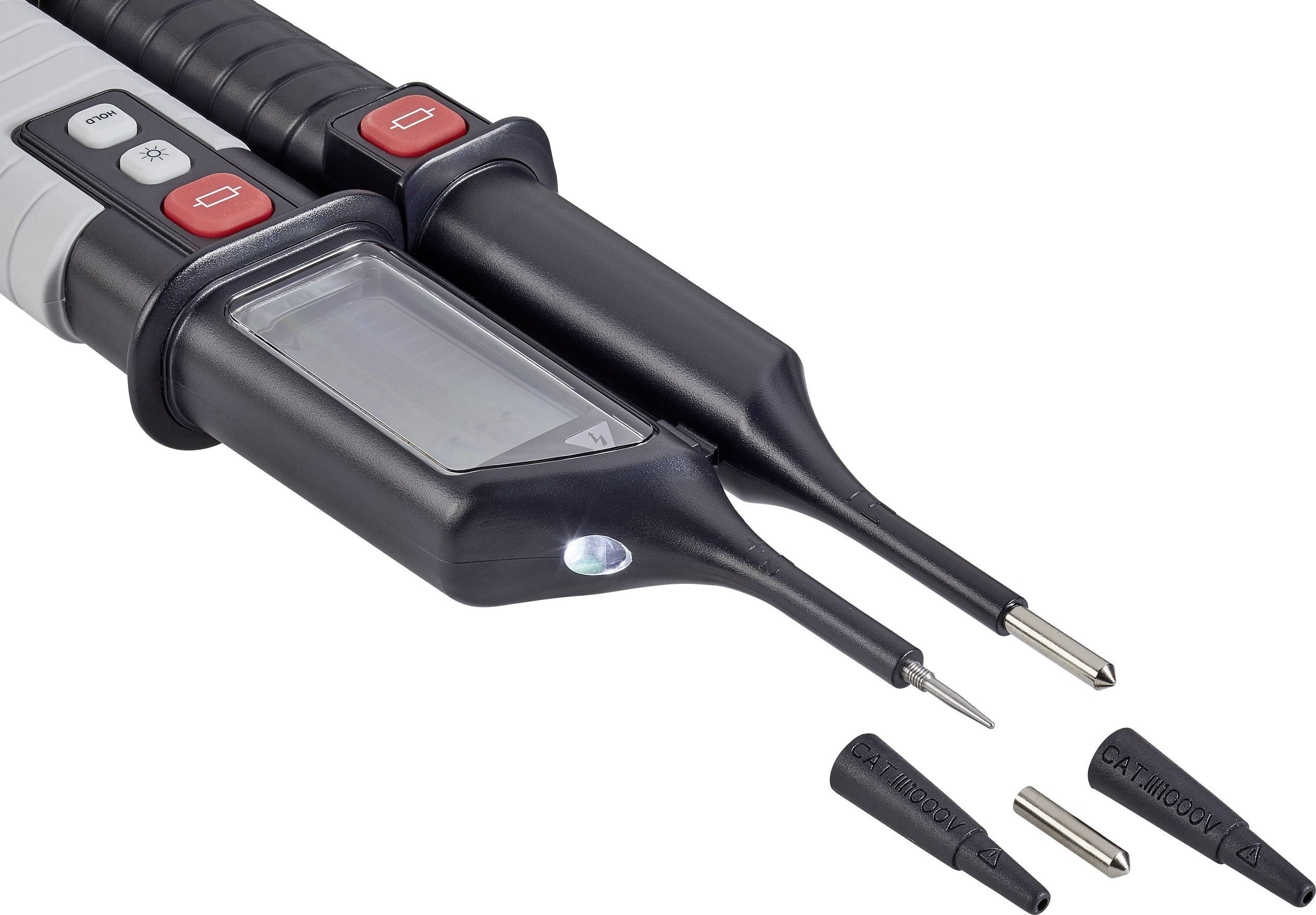Zwei elektronische Prüfgeräte mit LED-Anzeige und abnehmbaren Spitzen, geeignet zum Testen elektrischer Leitungen und Verbindungen.