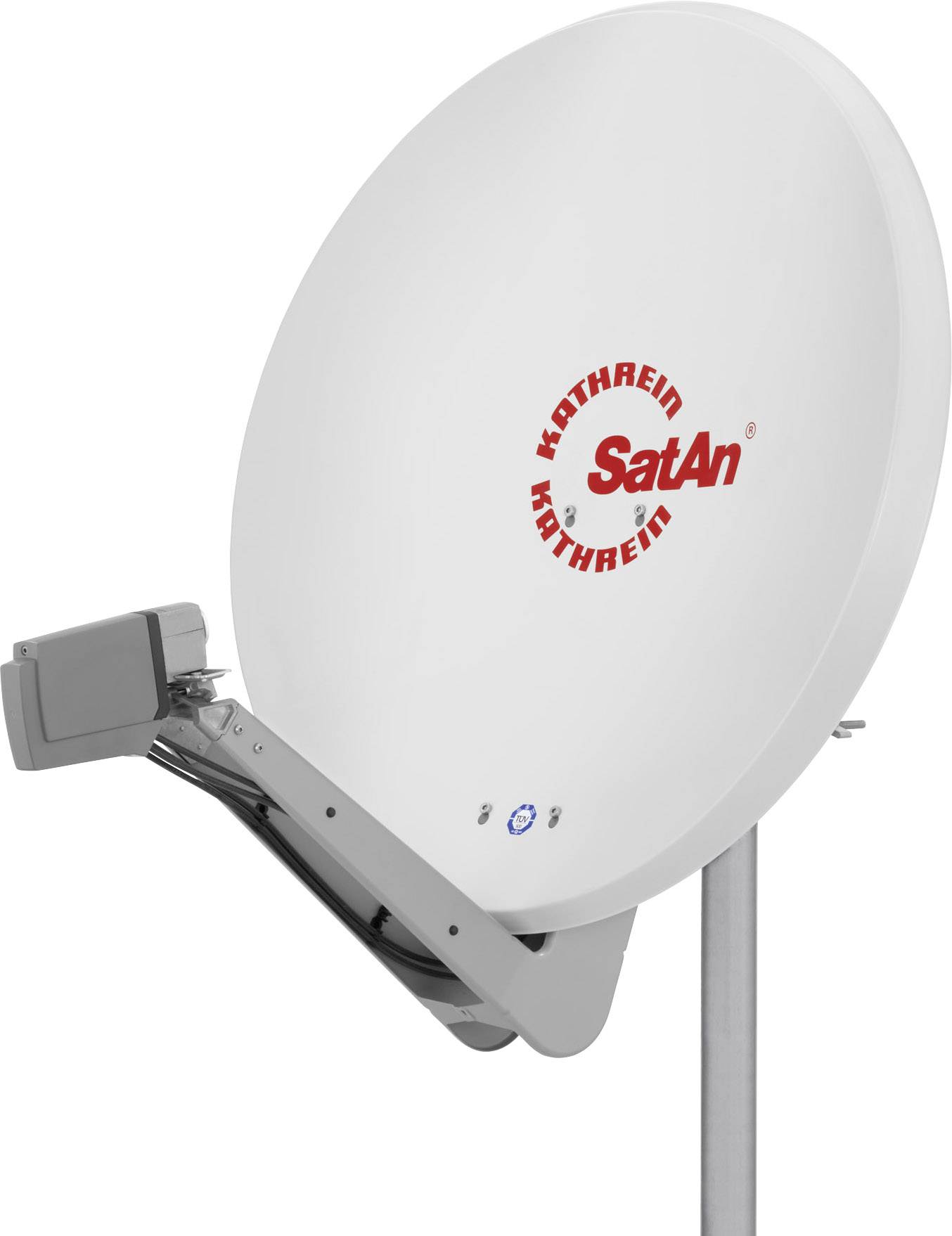 Satellitenschüssel mit dem Logo 'Kathrein SatAn' auf der Schüsseloberfläche, montiert auf einer Metallstange.
