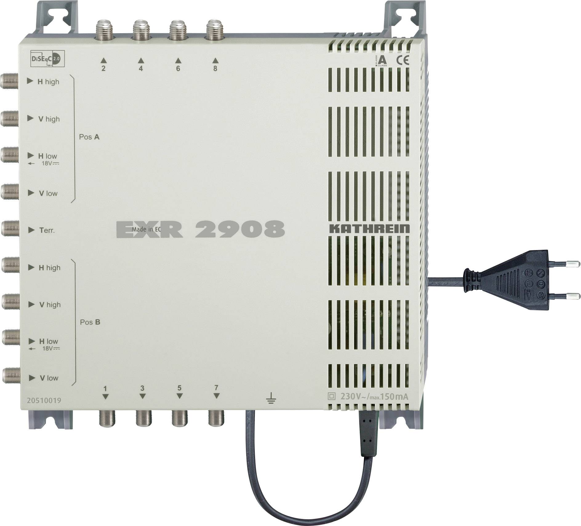 Ein Multischalter-Modul zur Verteilung von Satellitensignalen, Modell 'EXR 2908', mit mehreren Eingangs- und Ausgangsports.