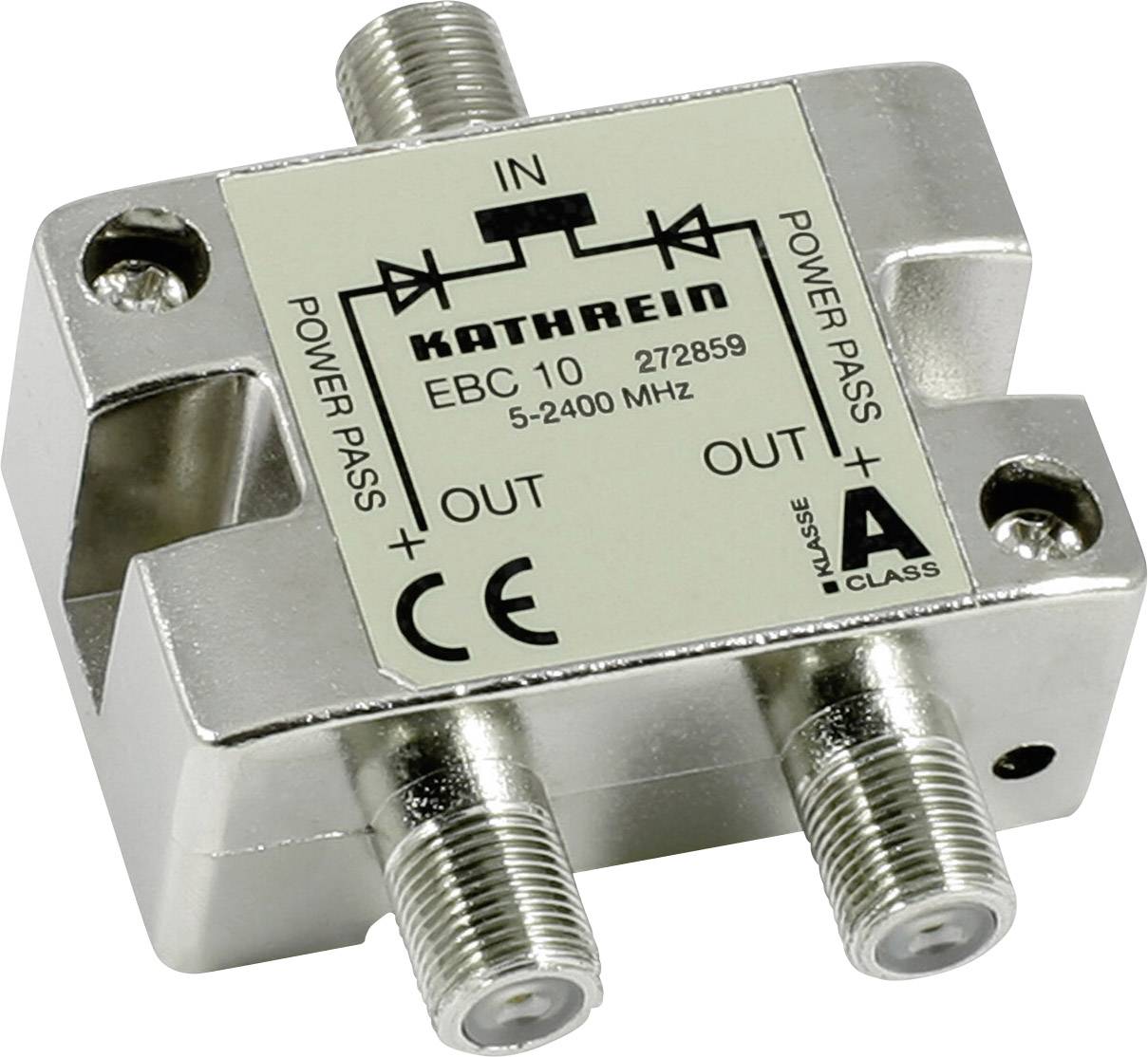 Ein Kabelverteiler von Kathrein, Modell EBC 10, bietet Eingangs- und ausgangsseitige Anschlussmöglichkeiten für Frequenzen von 5-2400 MHz.