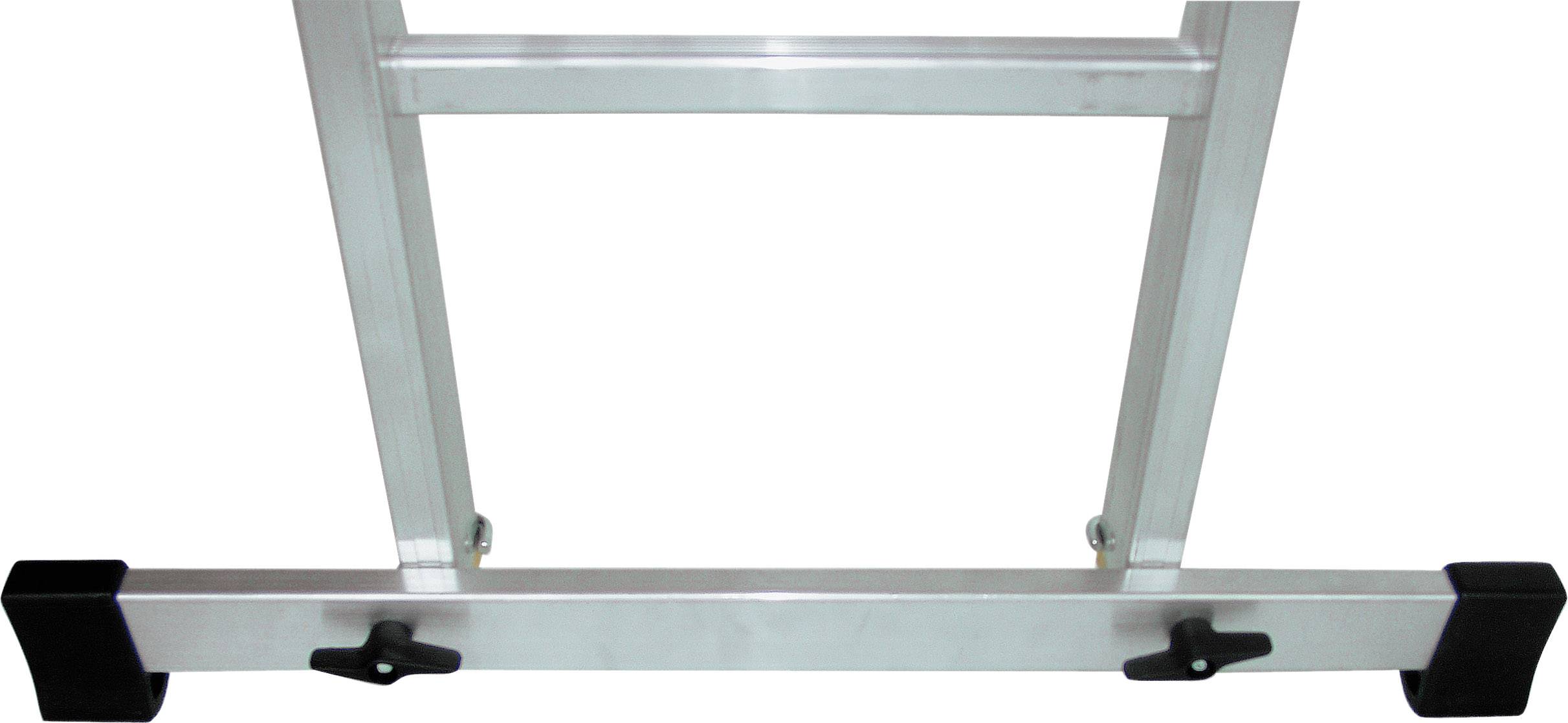 Aluminiumleiter mit schwarzem Schutz an den Füßen und Befestigungsschrauben.