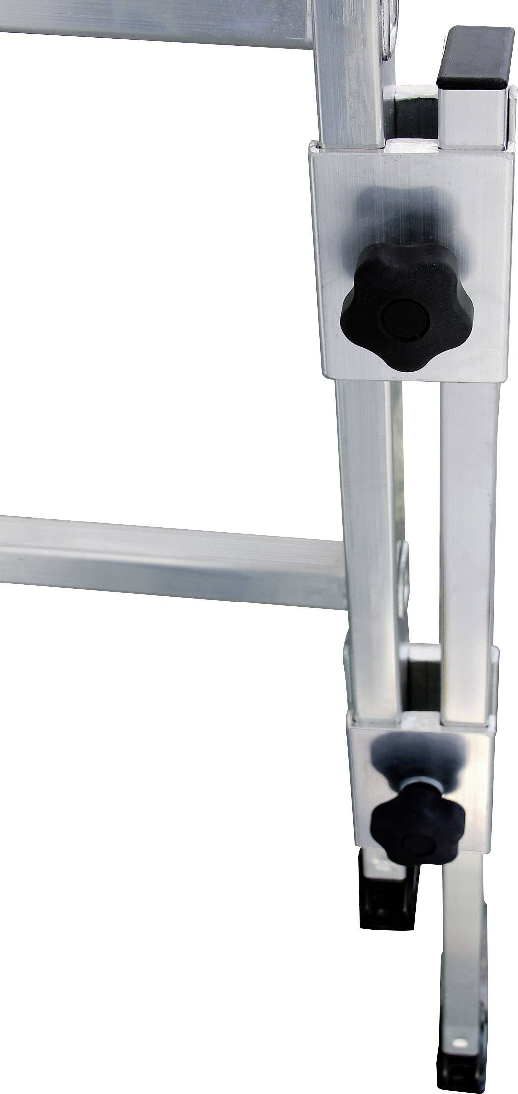 Details of an extendable aluminum ladder hinge, showing adjustment knobs and locking mechanism.