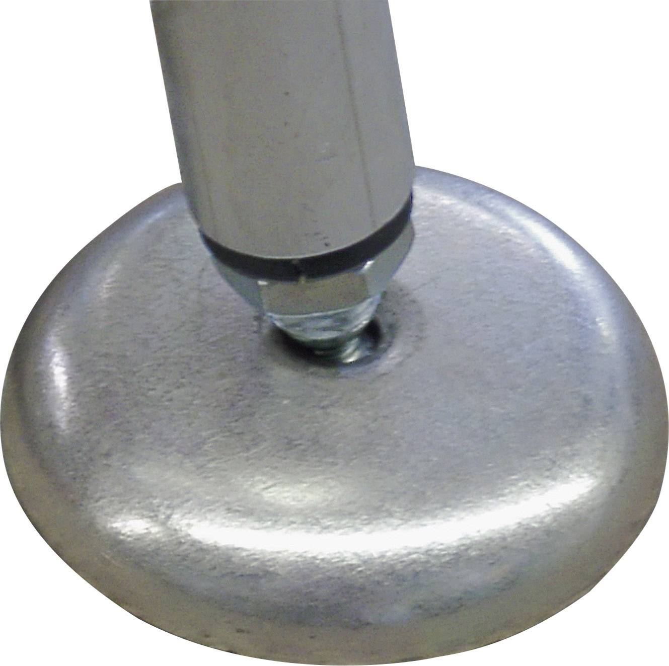 Nahaufnahme einer Metallbasis mit verstellbarem Bolzen, wahrscheinlich Teil eines Möbelstücks oder Maschinenfußes.