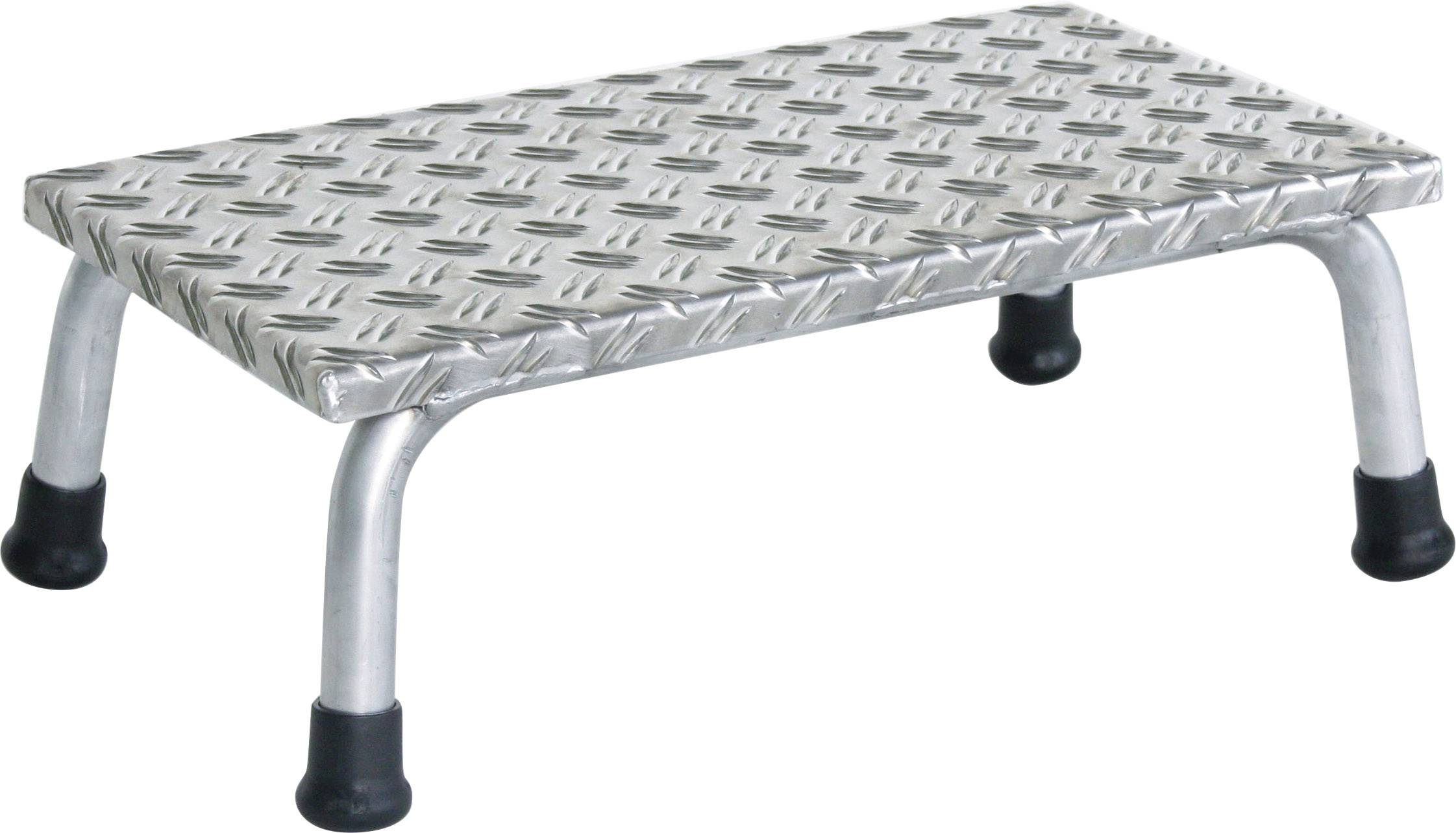 Ein rechteckiger Aluminiumtritt mit rutschfester Oberfläche und vier Gummifüßen.