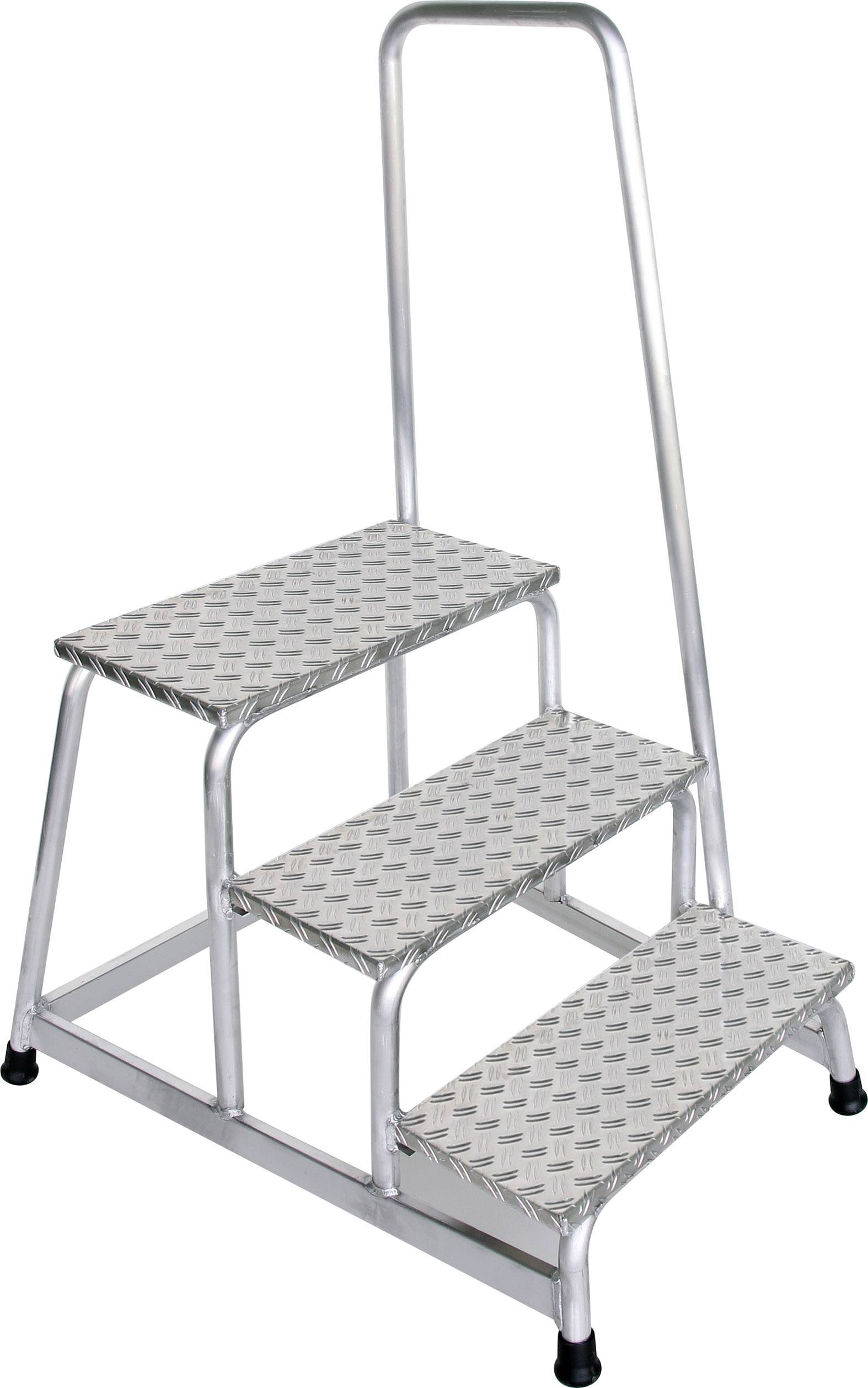Aluminium-Trittleiter mit drei rutschfesten Stufen und einem stabilen Handlauf, ideal für den sicheren Zugang zu höheren Bereichen.