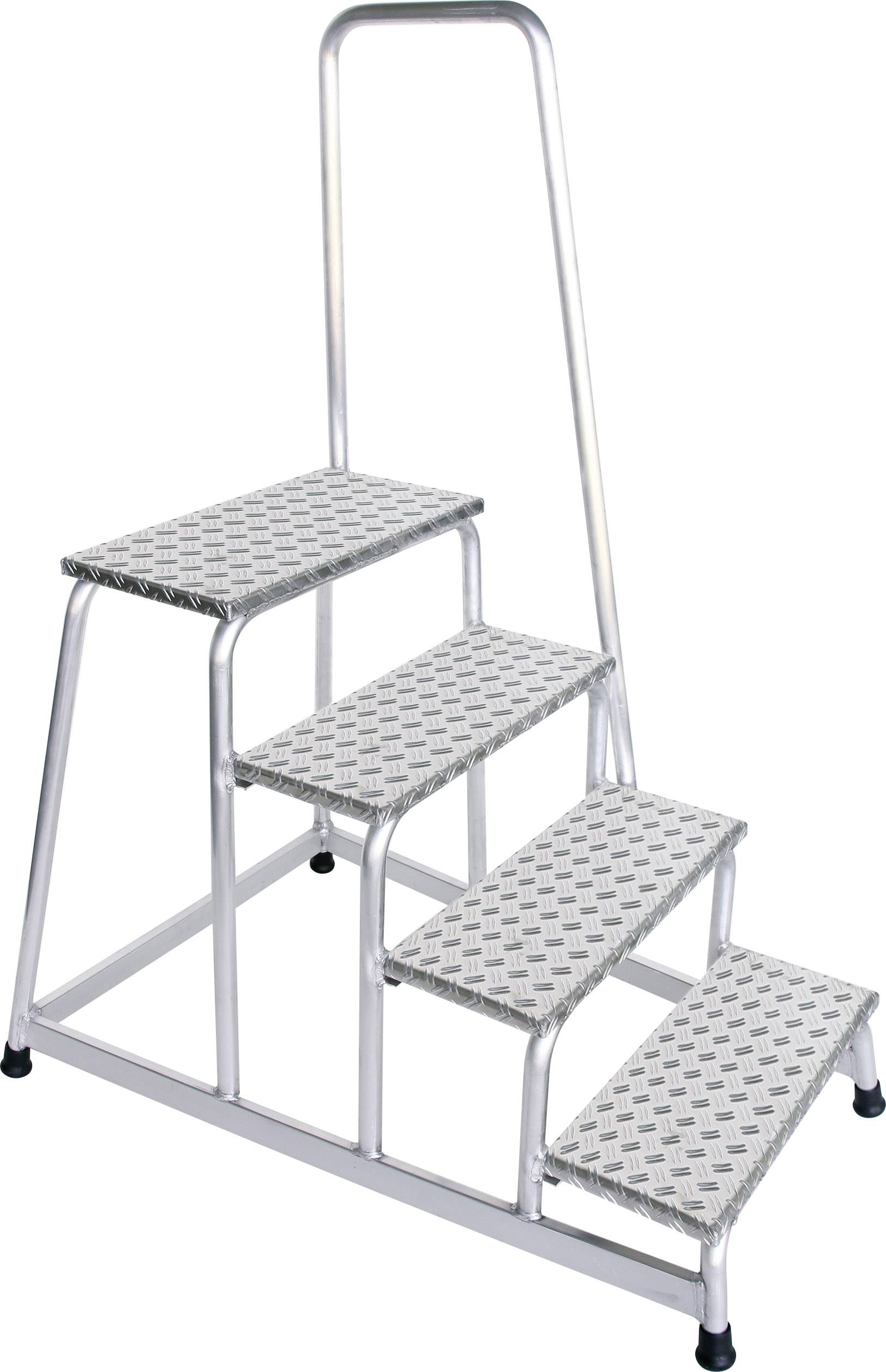 Eine silberne Metalltreppe mit vier Stufen und Geländer, geeignet für leichten Zugang zu erhöhten Flächen.