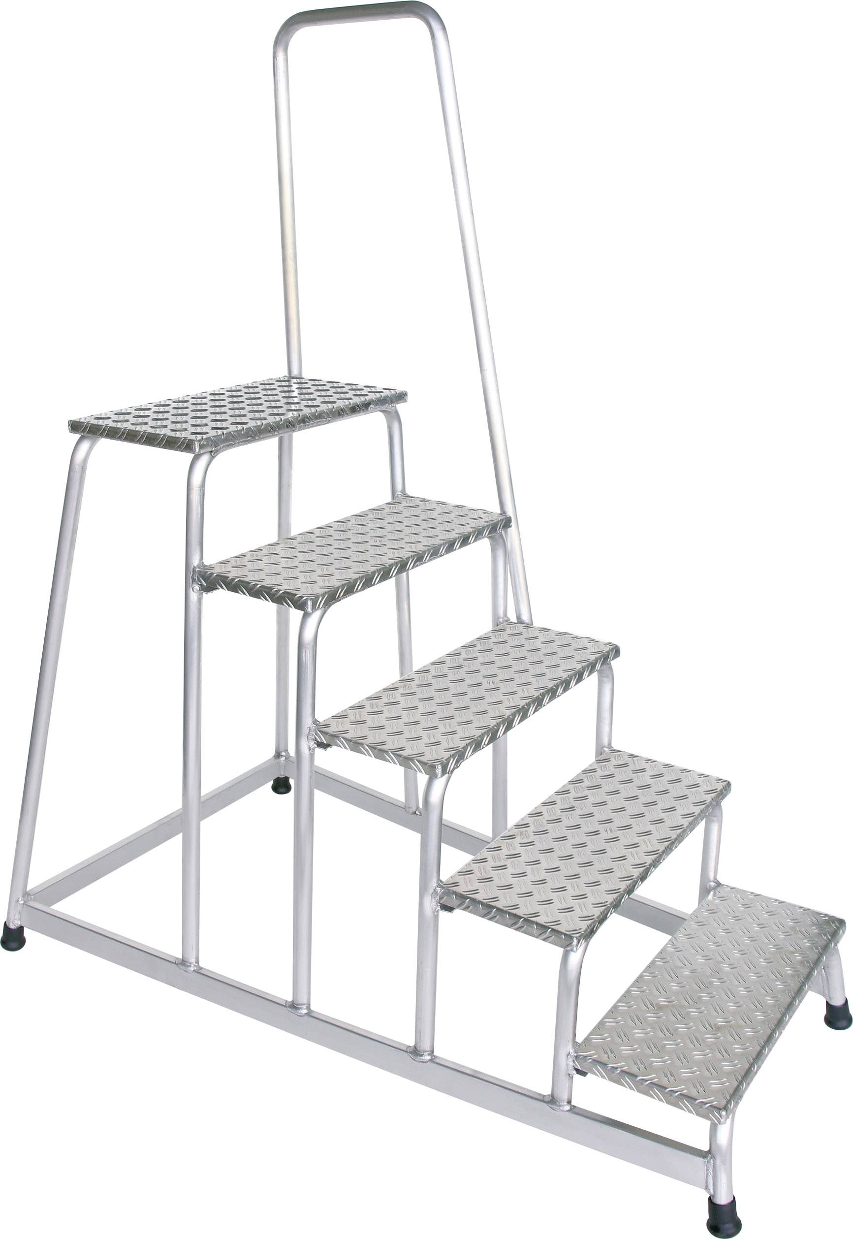 Metalltreppe mit vier Stufen und einem hohen Handlauf, geeignet für den industriellen Gebrauch. Stabil und rutschfest.
