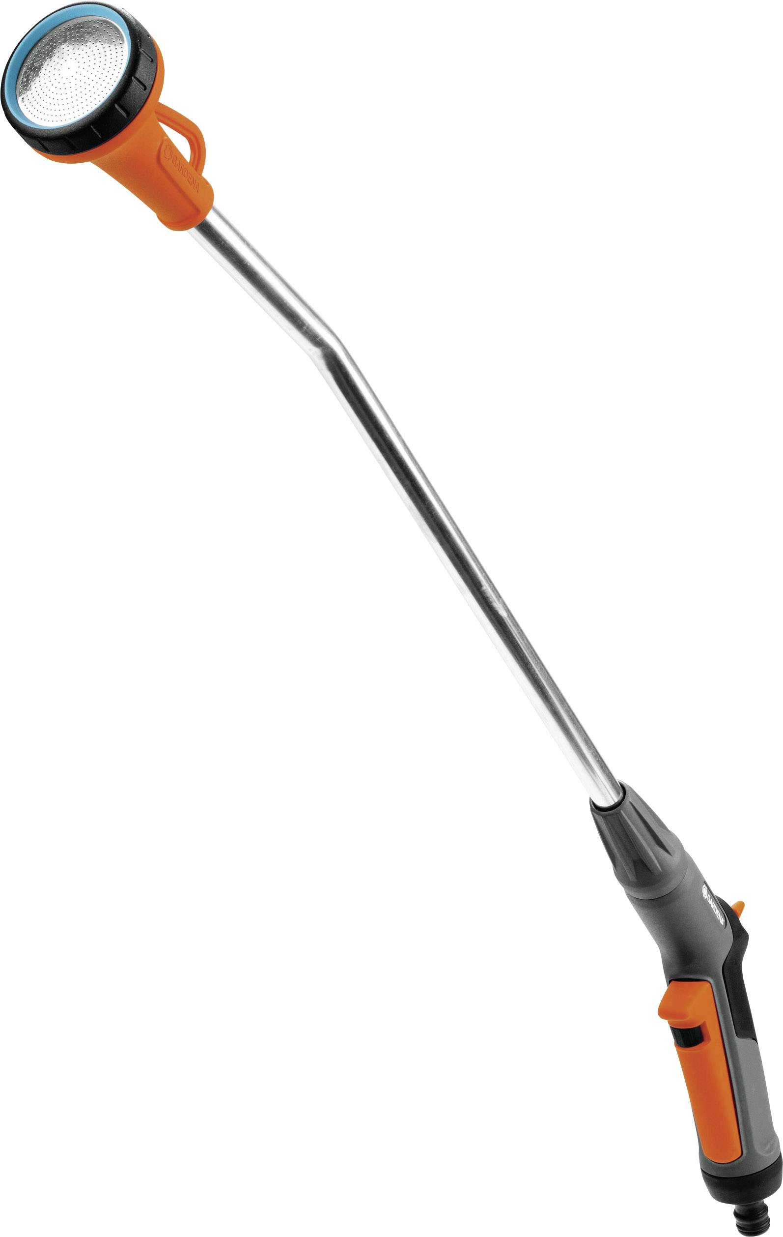 Langer Gartenschlauchaufsatz mit orangefarbenem Griff und grauem Kopf, geeignet zum Gießen von Pflanzen aus der Ferne.