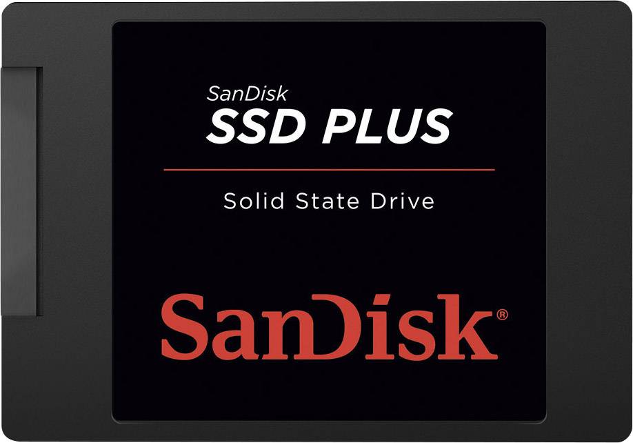 Eine 'SanDisk SSD PLUS' Solid State Drive, schwarz mit rotem 'SanDisk'-Logo, Produktabbildung für Speicherhardware.