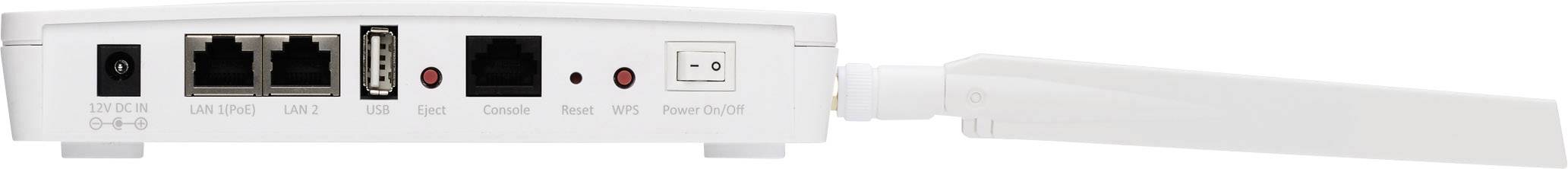 Ein weißer WLAN-Router mit mehreren Anschlüssen und einer Antenne. Anschlüsse für LAN, USB und Strom sind sichtbar.