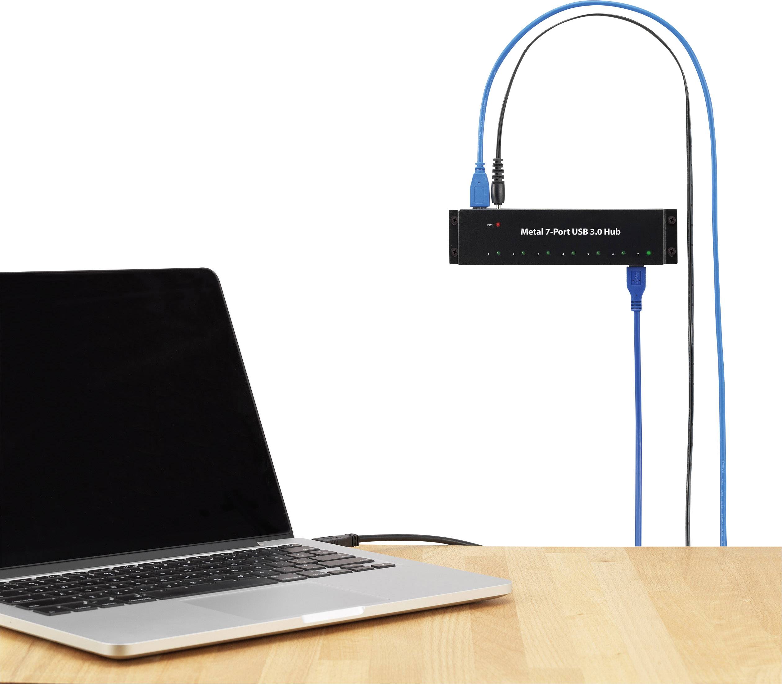 Renkforce RF-3955359 7 Port USB 3.2 Gen 1-Hub (USB 3.0) zur Wandmontage, Metallgehäuse Schwarz