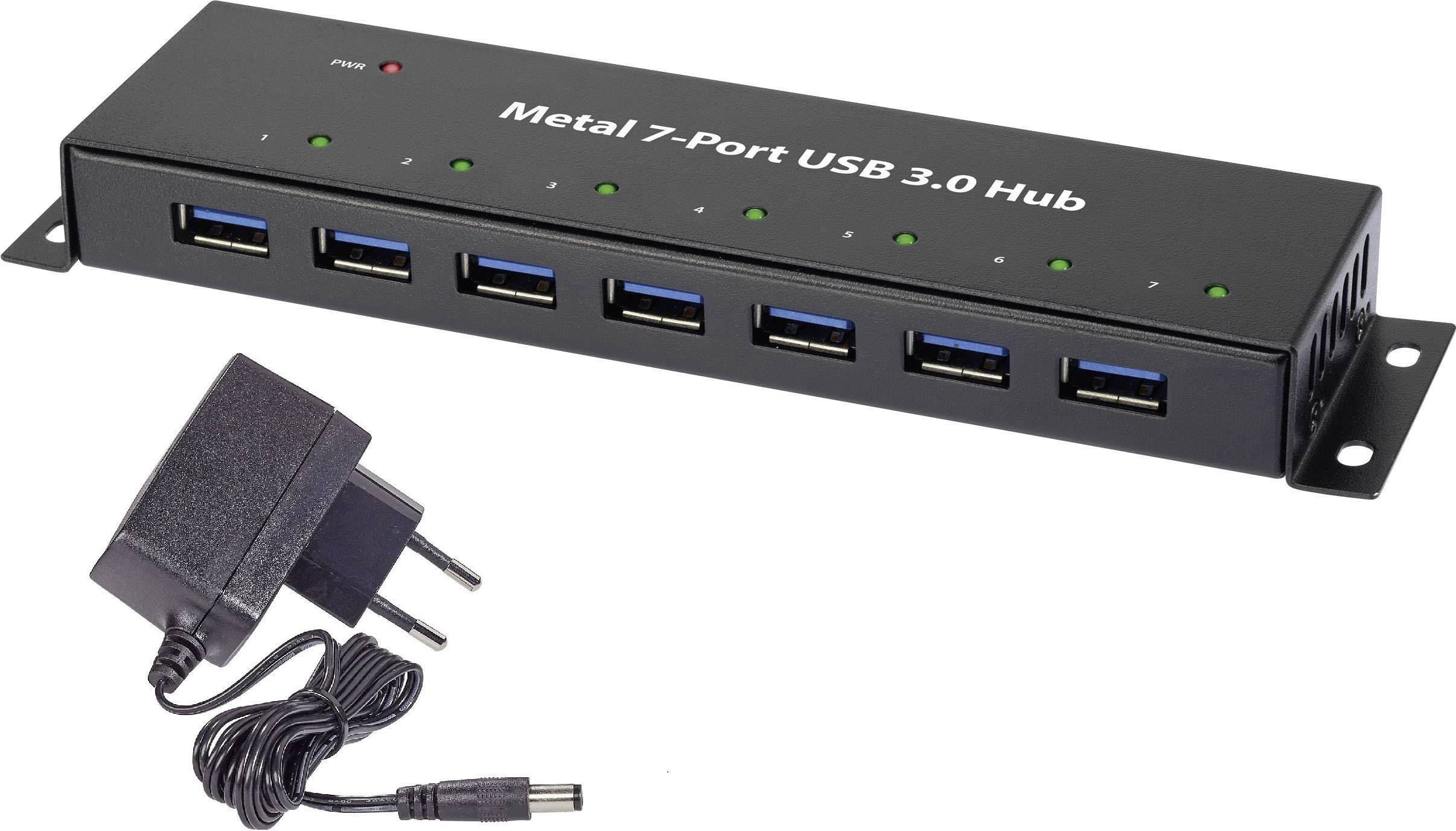 Metallischer 7-Port USB 3.0 Hub mit Netzteil, achtet auf Anschlussmöglichkeiten und Stromversorgung der Geräte.