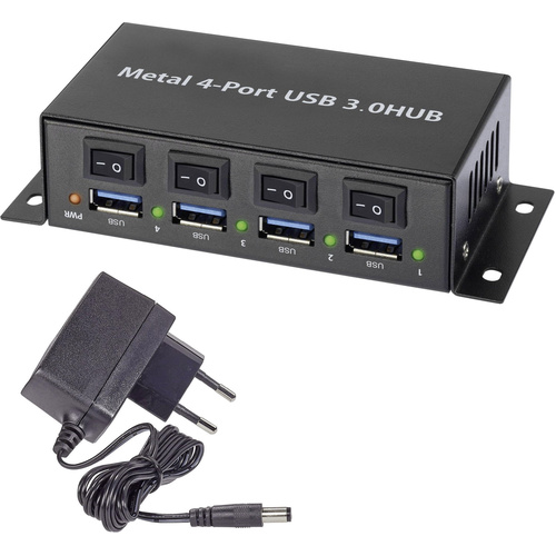 Renkforce RF-3955362 4 Port USB 3.2 Gen 1-Hub (USB 3.0) Metallgehäuse, einzeln schaltbar, zur Wandmontage Schwarz