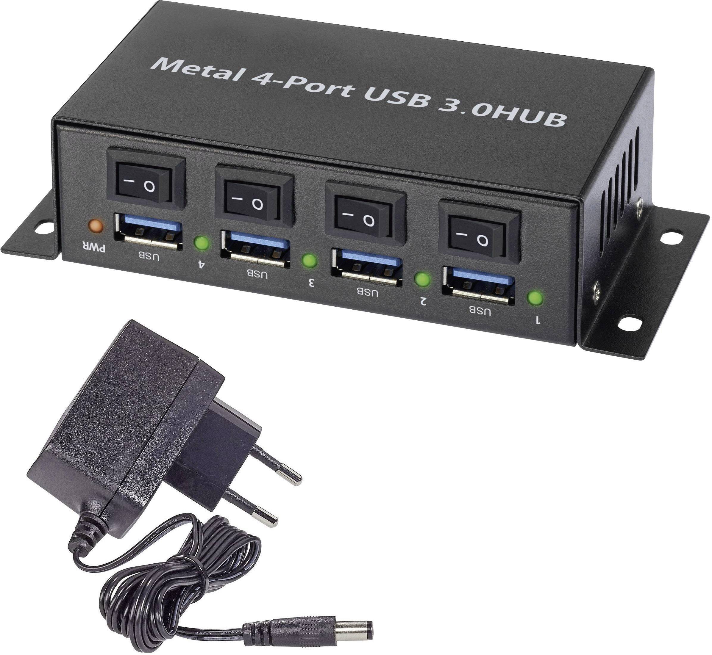 USB-Hub aus Metall mit 4 Ports, USB 3.0, mit Kippschaltern über jedem Port. Daneben ein Netzteil mit EU-Stecker.