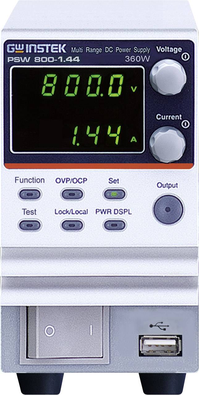 'GW Instek PSW 800-1.44': Anzeige zeigt 800 V, 1,44 A. Es gibt Regler für Spannung und Stromstärke sowie USB- und Power-Knopf.