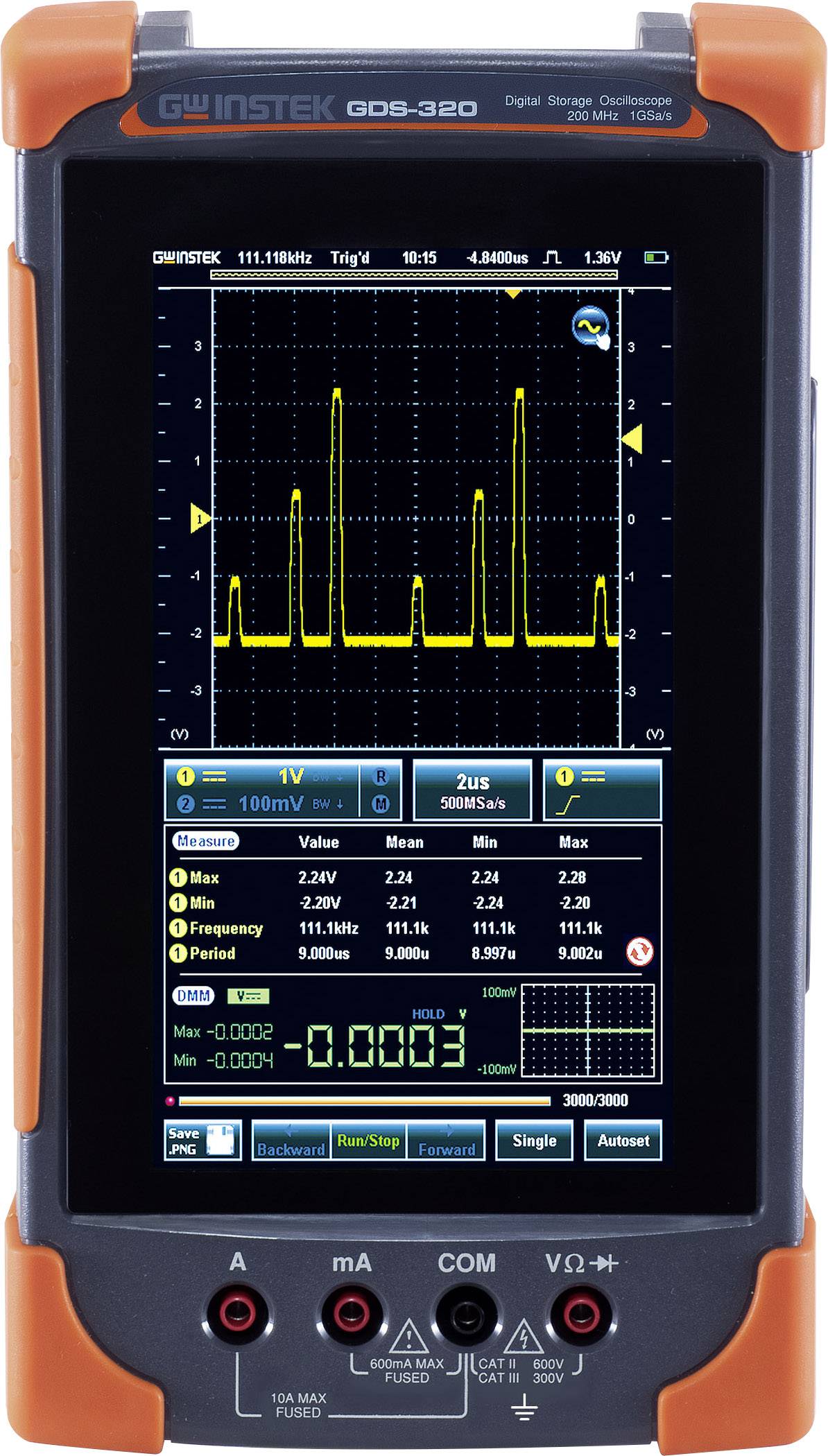 GW Instek Hand-Oszilloskop GDS-320 200MHz 2-Kanal 1 GSa/s 5 Mpts Handgerät, Digital-Speicher (DSO), Multimeter-Funktionen