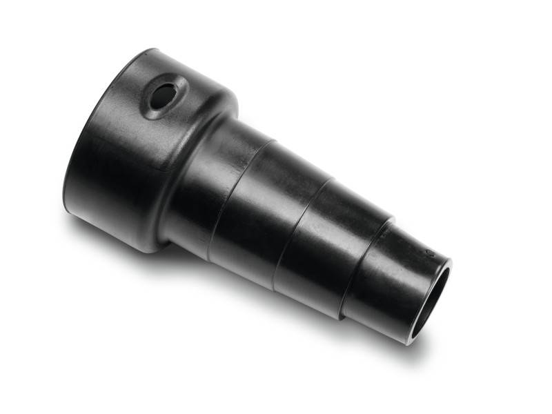 Ein schwarzer, konischer Adapter aus Kunststoff mit mehreren Stufen; verwendet für die Verbindung von Schläuchen verschiedener Durchmesser.