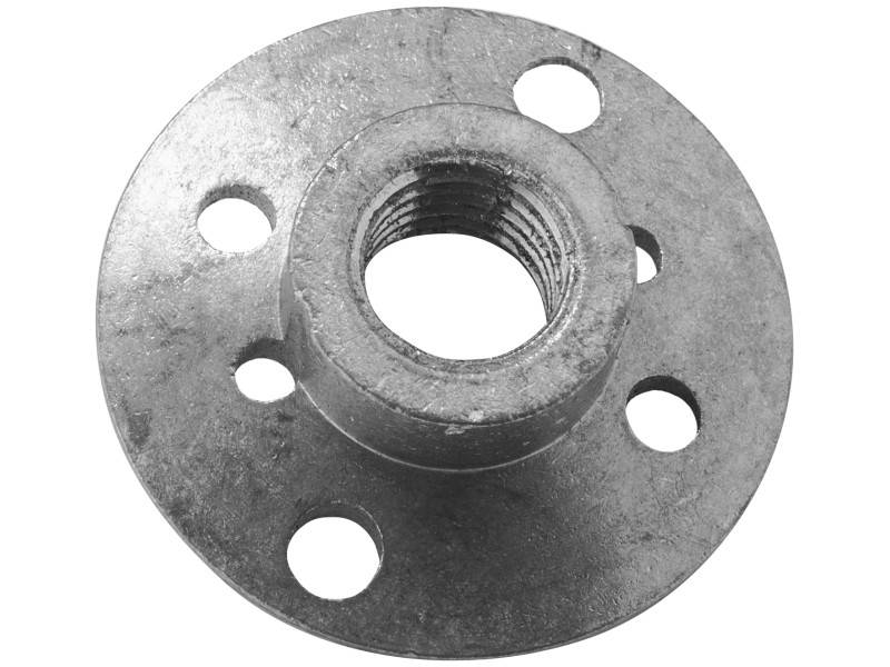 Eine runde Metallbodenflanschplatte mit mehreren Löchern und einem zentralen Gewinde, typischerweise zur Befestigung von Rohren.