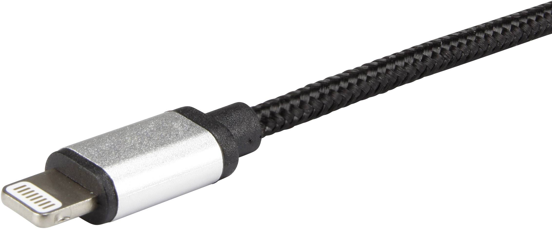 Ein schwarzes, geflochtenes USB-Kabel mit silbernem Anschluss.