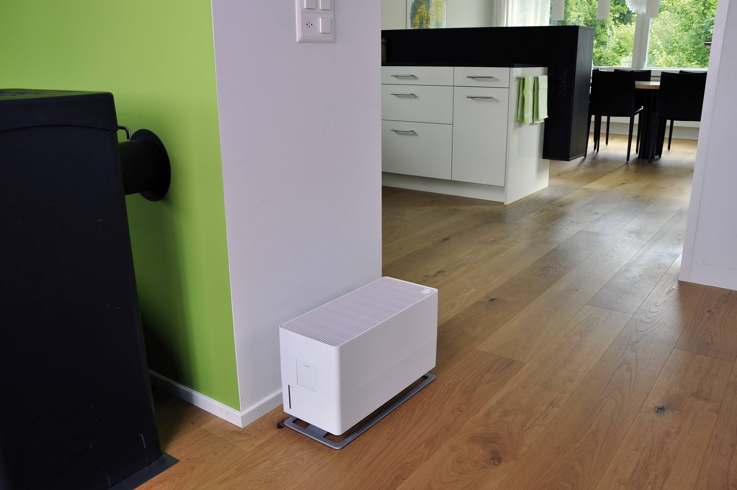Luftentfeuchter auf Holzboden in modernem Raum platziert neben grün gestrichener Wand und schwarzem Möbelstück.