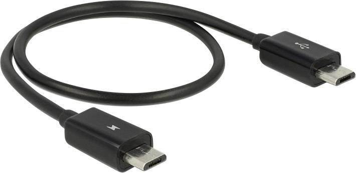 Ein schwarzes USB-C-Kabel mit zwei Anschlüssen, einem mit Blitzsymbol und einem mit USB-Symbol. Standardkabel für Datenübertragung.