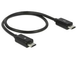 Ein schwarzes USB-Kabel mit USB-C-Steckern an beiden Enden, vor weißem Hintergrund.