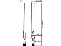 Technische Zeichnung einer Antenne mit frontaler und seitlicher Ansicht, Bemaßungen: Höhe 23,1 cm, Breite 1,8 cm.
