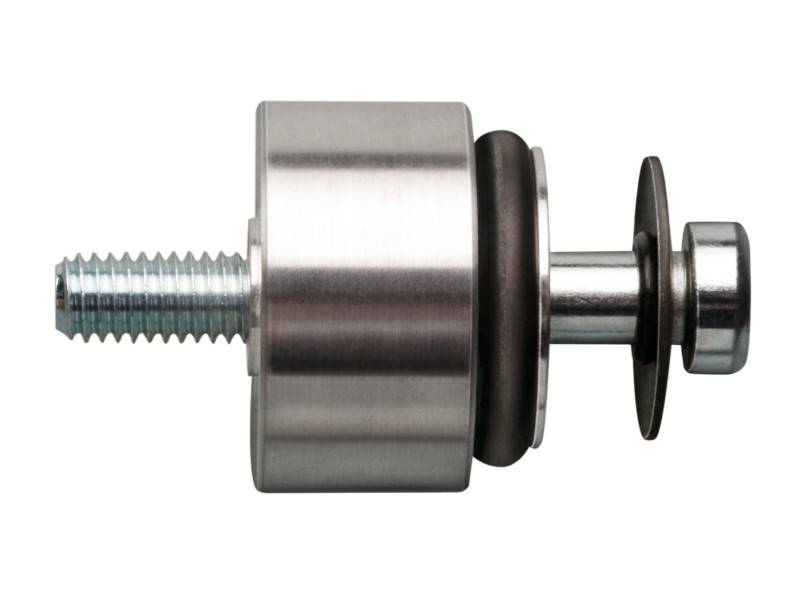 Ein Metalllager mit Schraube und Unterlegscheiben, seitlich betrachtet. Es wird zur Befestigung oder im Maschinenbau verwendet.