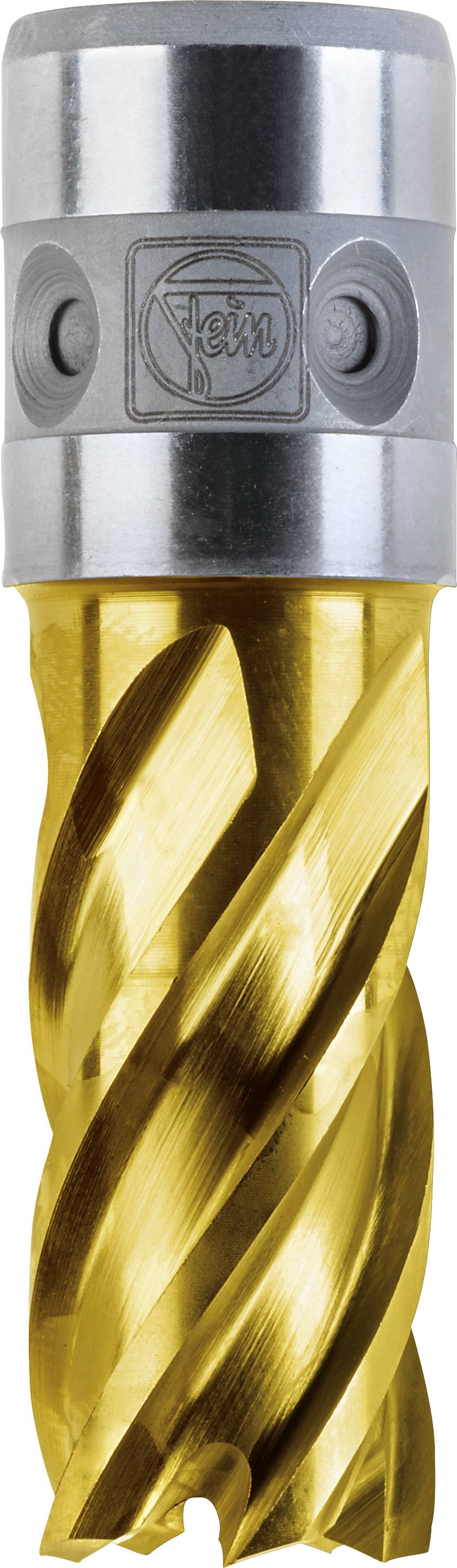 Ein goldfarbenes, spiralig gefrästes Bohrwerkzeug mit silberner Kappe und zwei seitlichen Einkerbungen oben, Marke 'Fein' sichtbar.