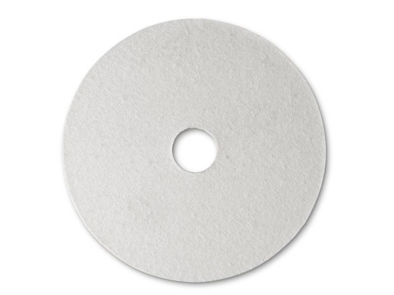 Ein weißes, rundes Reinigungspad mit einem Loch in der Mitte, oft zur Bodenpolitur verwendet.