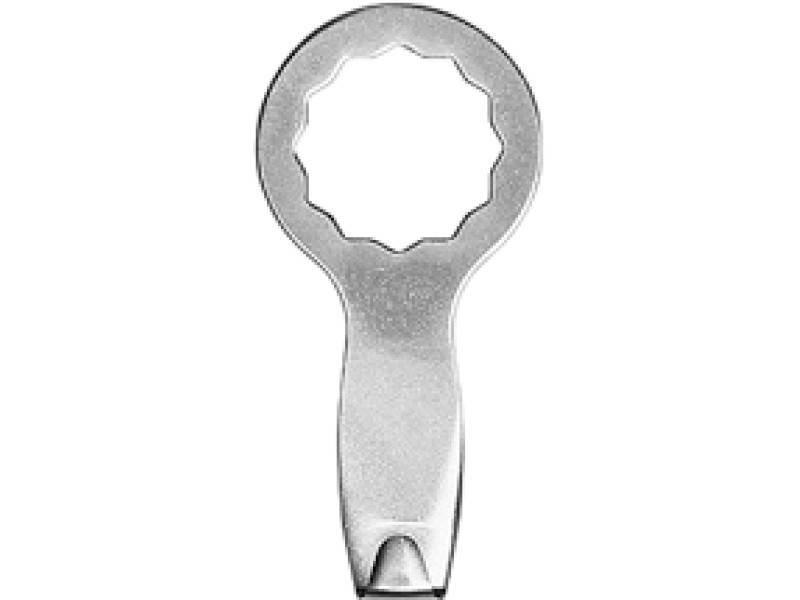 Silberner Fahrradkappenöffner aus Metall mit verstärktem Griff, speziell geformt für das Entfernen von Ventilkappen an Reifen.