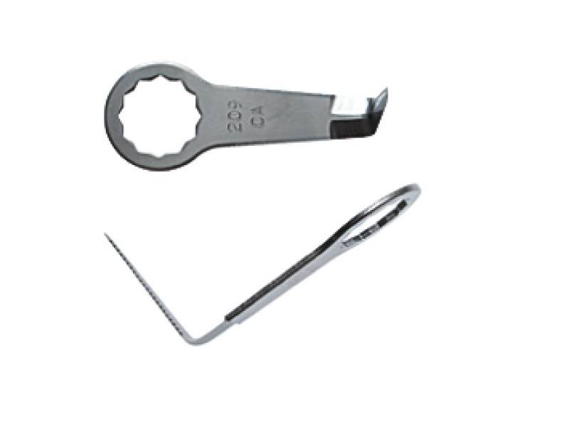 Chirurgisches Zahninstrument. Eine Knochenschaufel mit einem Löffelhalter und einem Zahnhebel für zahnmedizinische Eingriffe.