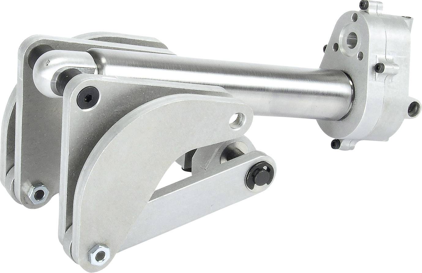 Metallisches Maschinenteil mit Zylinder und Gelenken. Wird in mechanischen Konstruktionen verwendet, um Bewegung zu ermöglichen.