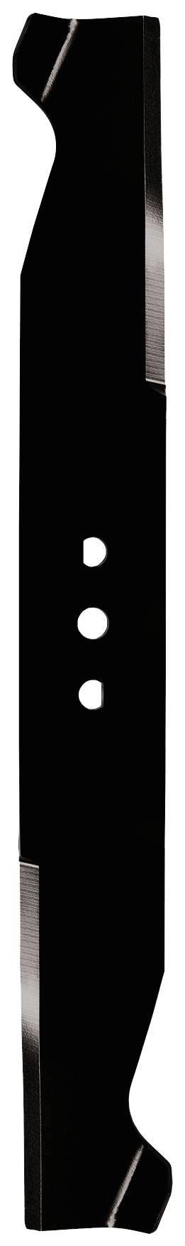 Rasenmähermesser mit drei Befestigungslöchern, länglich und schwarz, mit leicht gebogener Kante.
