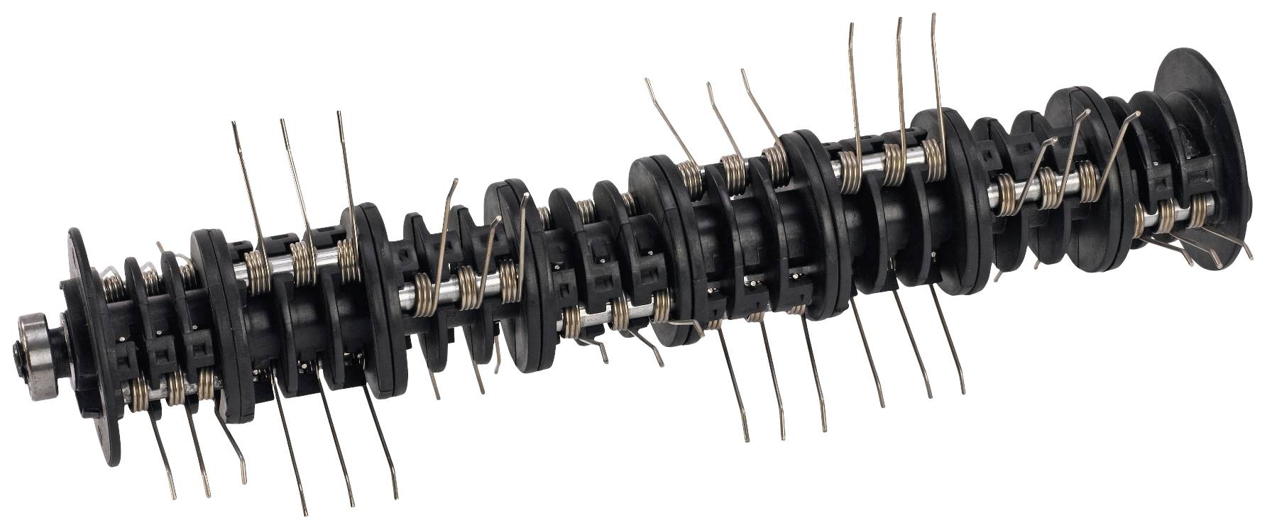 Ein langer, zylindrischer Metall- und Kunststoffgegenstand mit mehreren Scheiben und abstehenden Drähten, möglicherweise eine Schraubfeder oder ein mechanisches Bauteil.