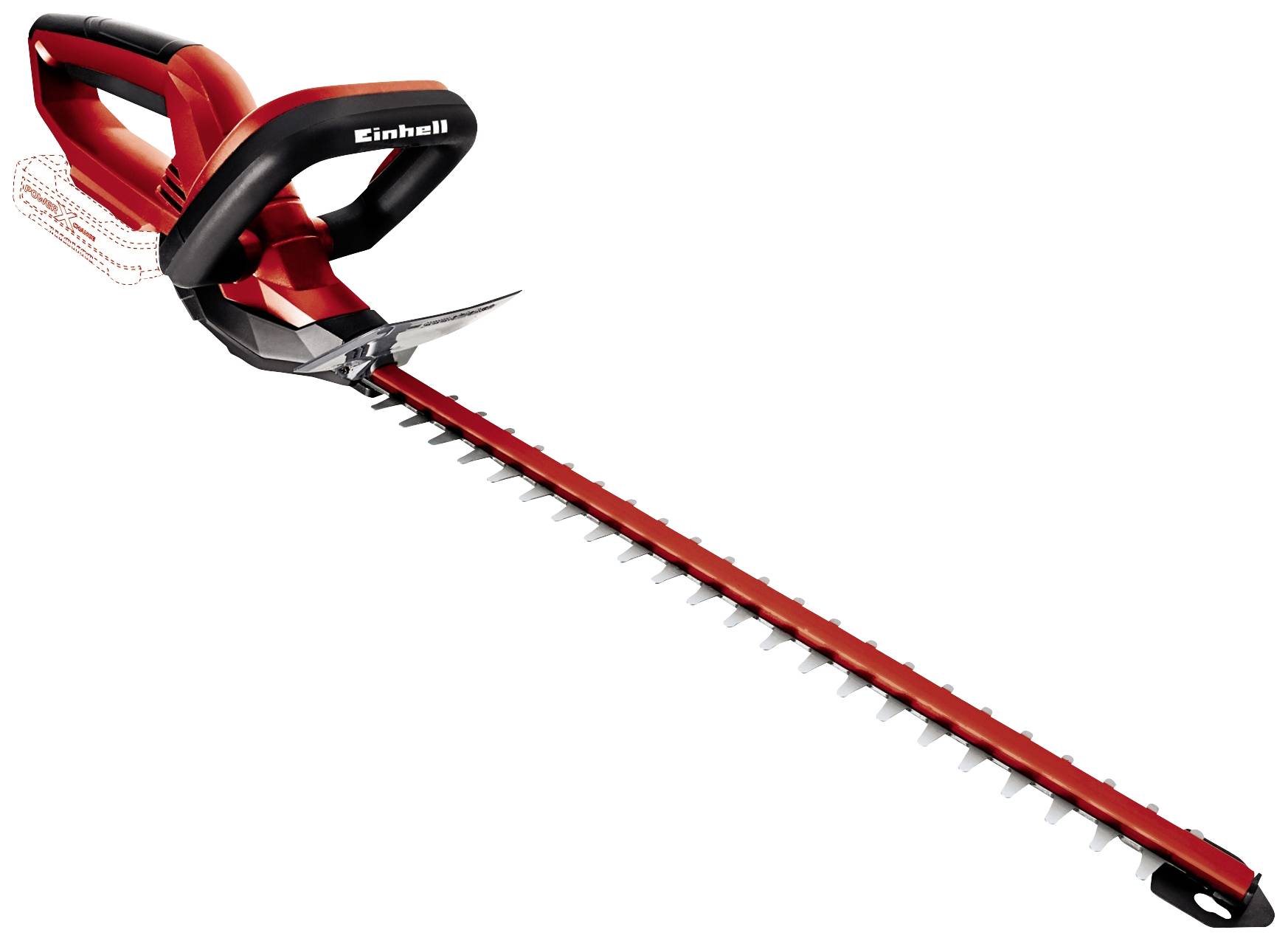 Ein roter und schwarzer Akku-Heckenschneider mit langem Schnittblatt, ergonomischem Griff und sichtbarem Batteriefach auf der linken Seite.