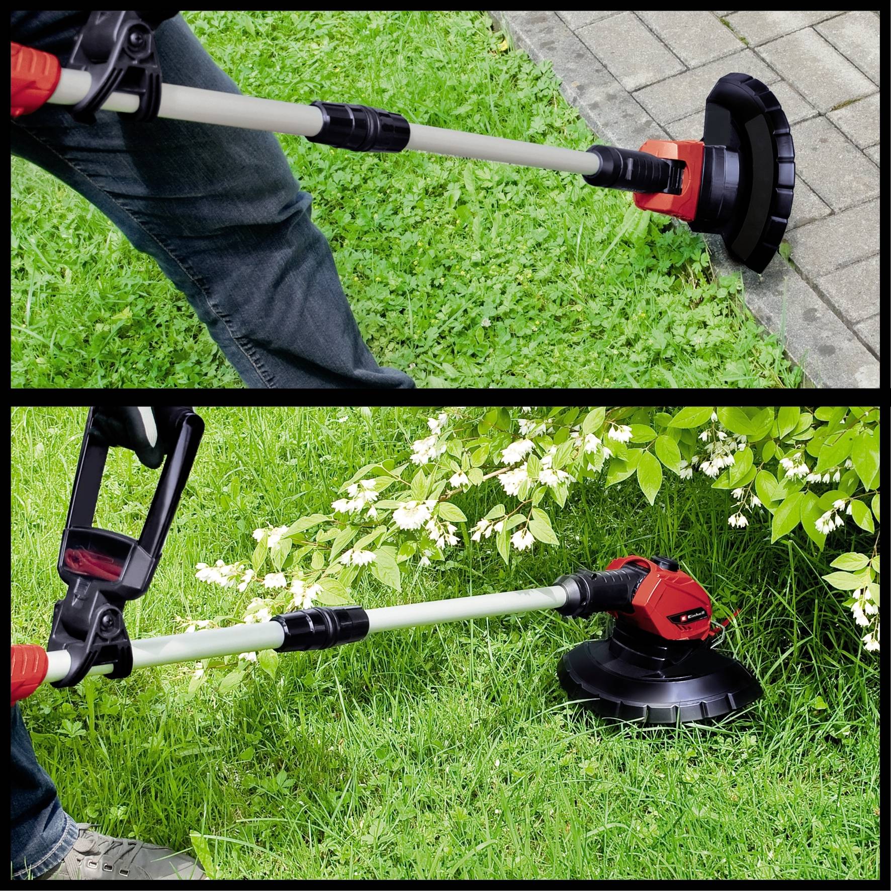 Person benutzt einen Rasentrimmer, um Gras und Pflanzen entlang eines gepflasterten Wegs zu schneiden. Einfache Gartenarbeitsszene.