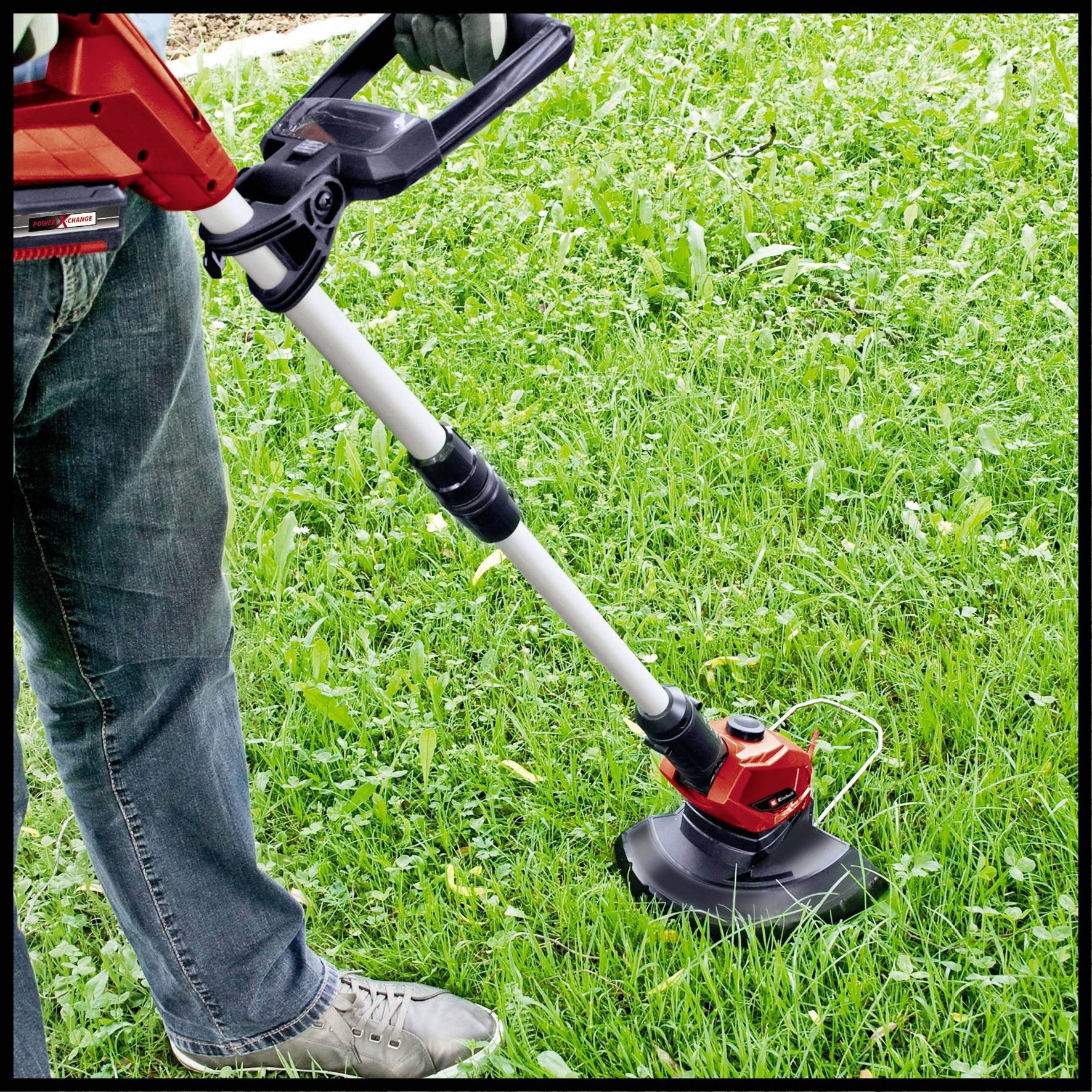 Eine Person verwendet einen roten Rasentrimmer, um hohes Gras in einem Gartenbereich zu schneiden. Links ist eine grüne Rasenfläche.