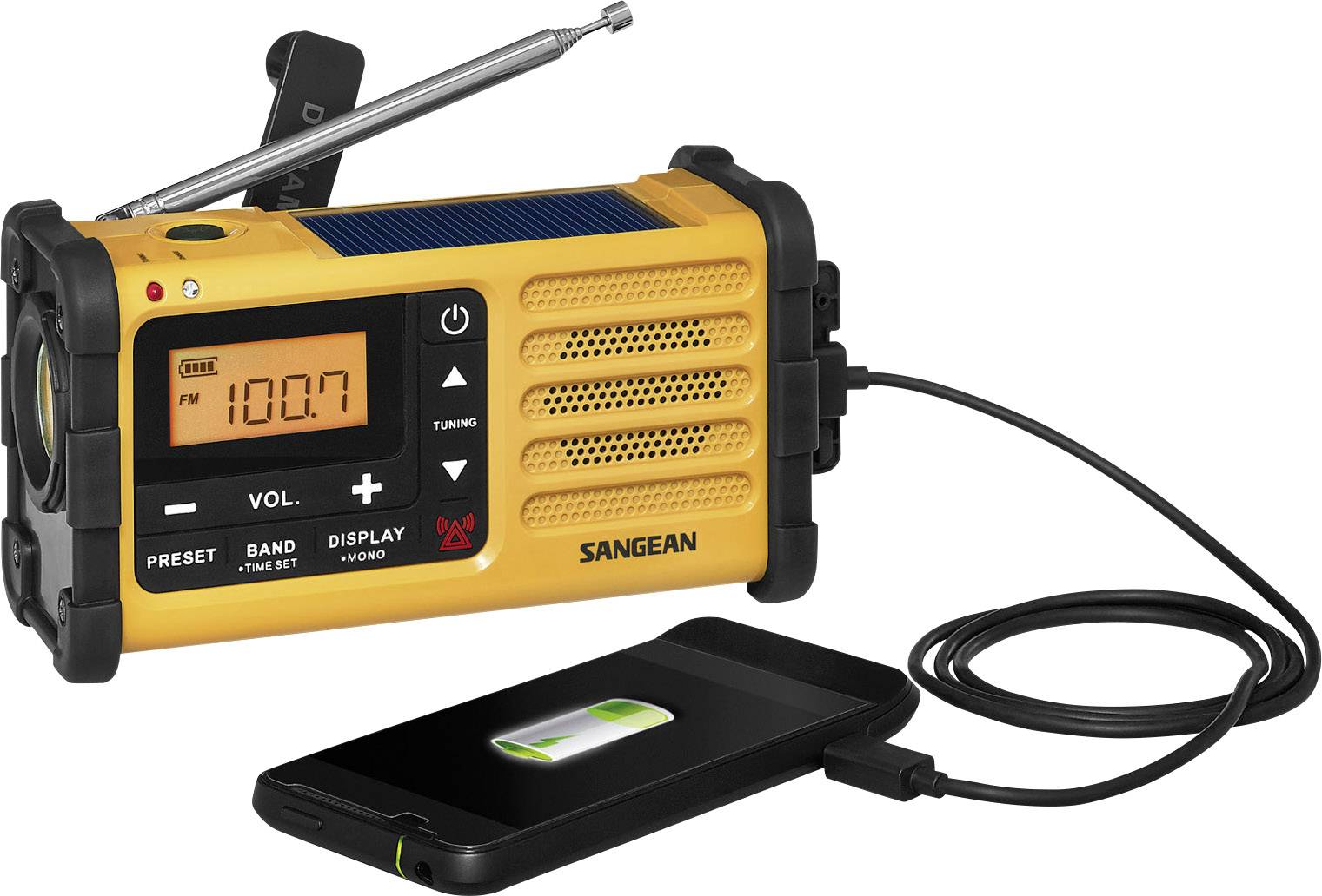 Sangean MMR-88 Outdoorradio UKW, MW Notfallradio Akku-Ladefunktion, Taschenlampe, wiederaufladbar, Handkurbel, Solarpanel Schwarz