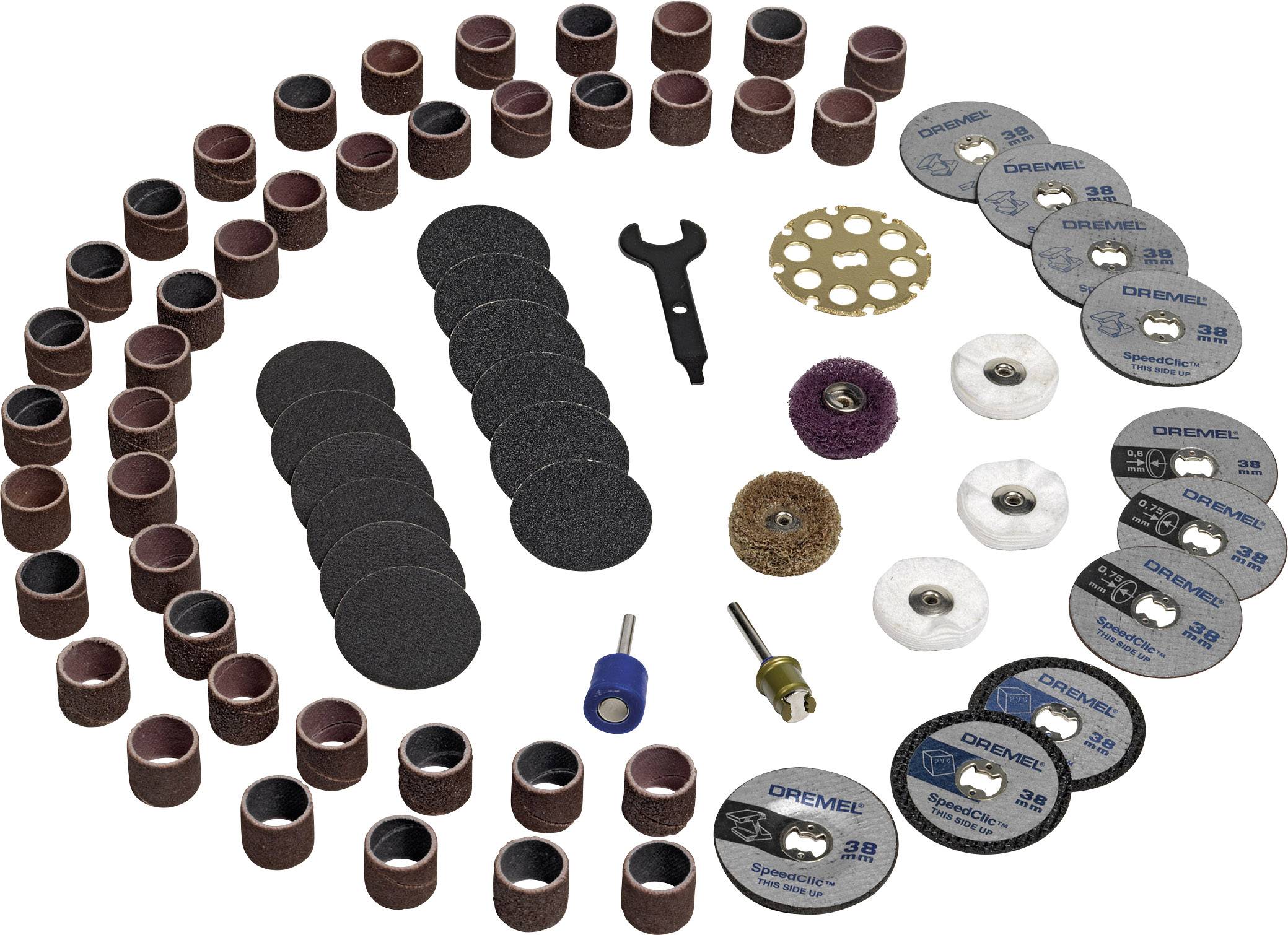 Vielseitiges Dremel-Zubehör-Set mit Schleifbändern, Trennscheiben, Polieraufsätzen und weiterem Zubehör für Präzisionsarbeiten.