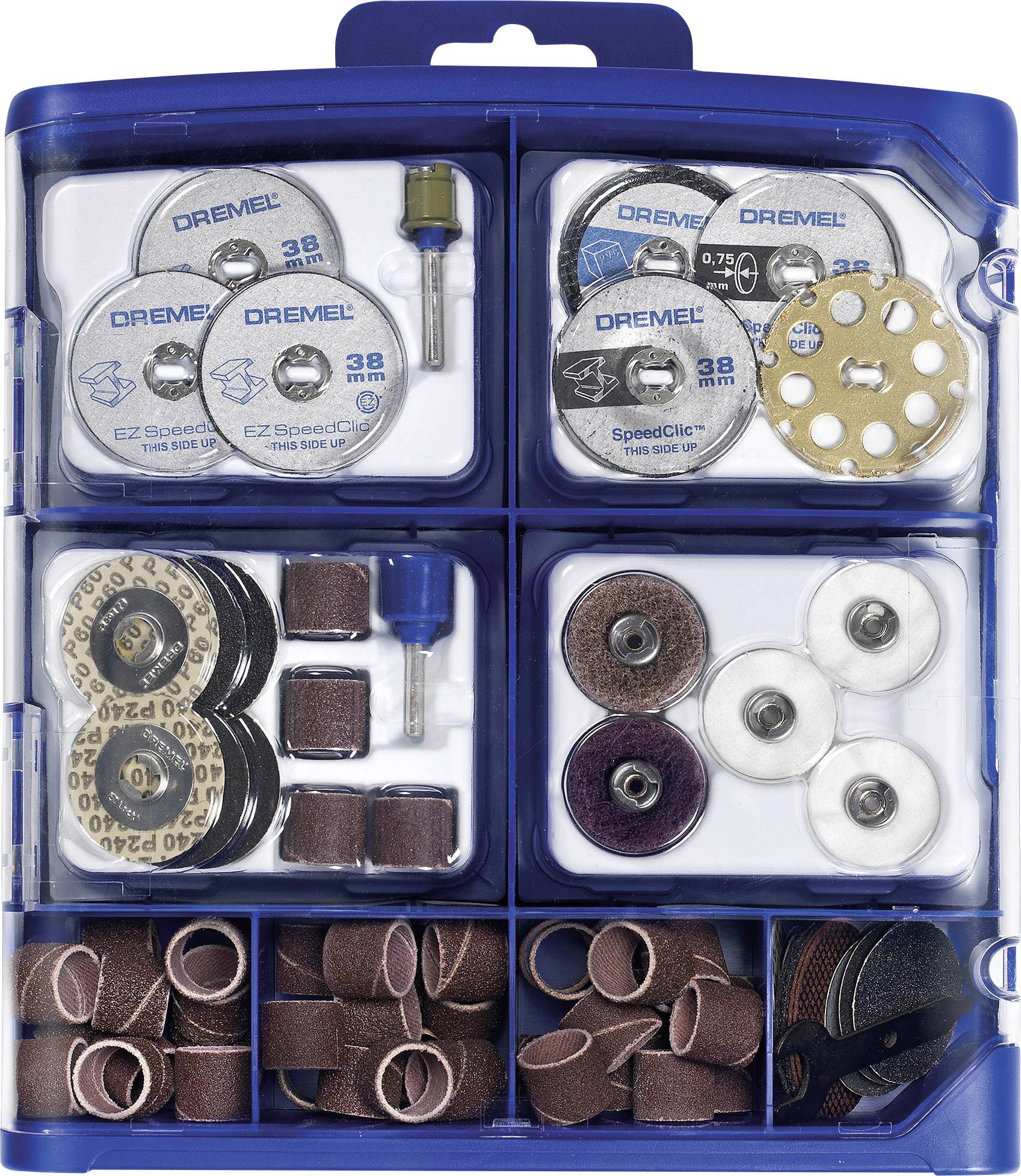 Dremel Zubehörset in einem blauen Kunststoffgehäuse mit verschiedenen Aufsätzen und Schleifpapier für diverse Handwerksarbeiten.