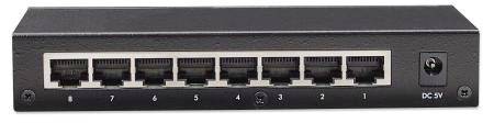 Ein schwarzer Netzwerk-Switch mit acht Ethernet-Anschlüssen und einem DC-Stromanschluss auf der rechten Seite.